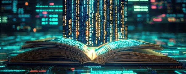 Aufkleber - Open book with vertical digital lights chart in financial reveal concept. A digital book emitting glowing data streams in a futuristic setting.