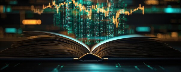 Aufkleber - Open book with vertical digital lights chart in financial reveal concept. Open book with digital data flow illustrating modern knowledge.