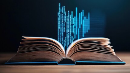 Aufkleber - Open book showing historical and contemporary stock market concept. An open book with digital elements illustrating knowledge and learning.