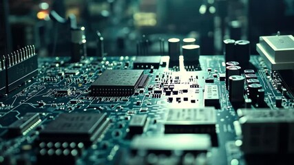 Poster - Closeup view of a illuminated circuit board showcasing microchips and electronic components, Circuit board in the spotlight, microchips and components in a dark production setting