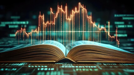 Aufkleber - Open book showing historical and contemporary stock market concept. Open book with digital graphics representing data analysis.