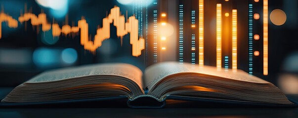 Aufkleber - Open book showing historical and contemporary stock market concept. Open book with financial graphs and glowing data visualizations.