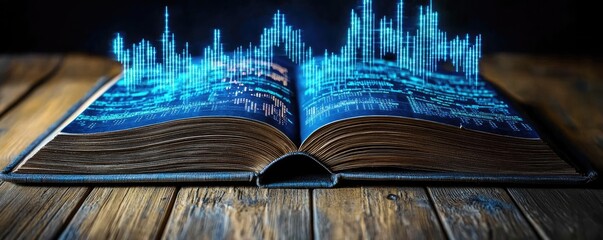 Poster - Open book showing historical stock market with digital lights concept. An open book with a glowing cityscape emerging from its pages.
