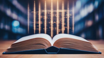 Aufkleber - Open book showing historical stock market with digital lights concept. An open book with a glowing digital matrix in the background.