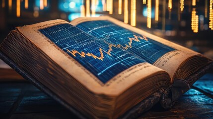 Poster - Open book showing historical stock market with digital lights concept. An open book displaying financial graphs and data trends.