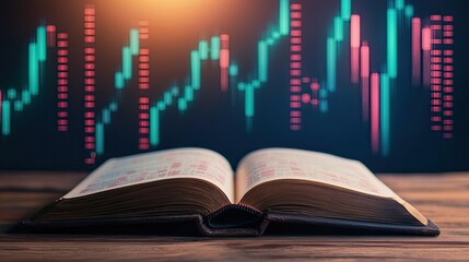 Aufkleber - Open book showing historical stock market with digital lights concept. An open book on a wooden table with financial graphs in background.