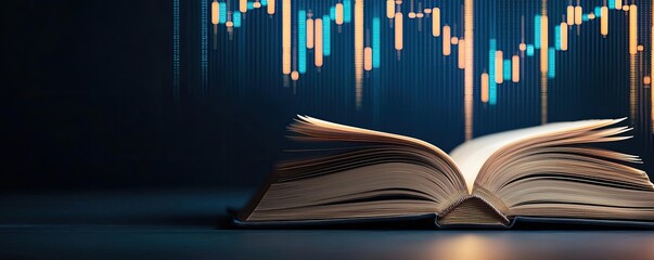 Poster - Open book showing historical and contemporary stock market concept. Open book with financial graphs, representing data analysis.