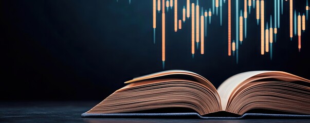 Poster - Open book showing historical and contemporary stock market concept. Open book with data graph for educational finance concept.