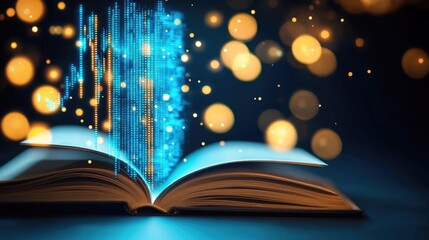 Aufkleber - Open book with vertical digital lights chart in financial reveal concept. An open book with glowing particles creating a magical ambiance.