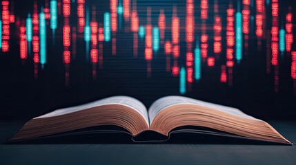 Aufkleber - Open book showing historical and contemporary stock market concept. An open book with colorful data visualizations in the background.