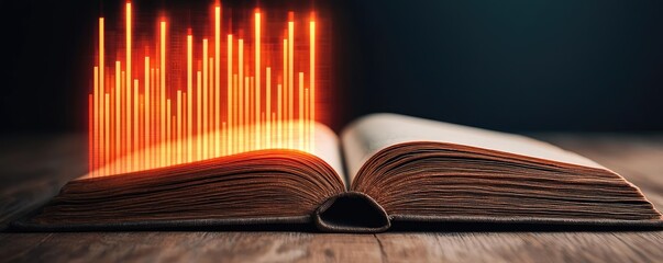 Aufkleber - Open book showing historical stock market with digital lights concept. An open book with glowing lines representing knowledge and creativity.