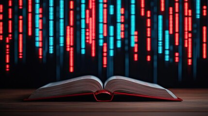 Aufkleber - Open book showing historical and contemporary stock market concept. An open book with vibrant digital patterns in the background.