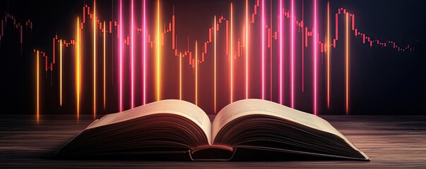 Poster - Open book showing historical and contemporary stock market concept. An open book with colorful graph lines illustrating data analysis.