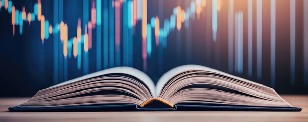 Poster - Open book showing historical and contemporary stock market concept. An open book with financial charts in the background, symbolizing growth.