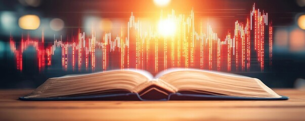 Aufkleber - Open book showing historical and contemporary stock market concept. An open book with sound waves symbolizes knowledge transformation.