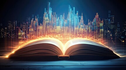 Aufkleber - Open book with vertical digital lights chart in financial reveal concept. An open book with vibrant glowing pages and city skyline backdrop.