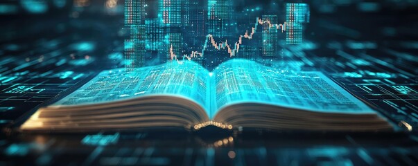 Aufkleber - Open book with vertical digital lights chart in financial reveal concept. A digital book with floating data and graphs illustrating information.