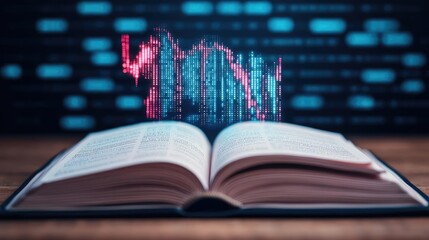 Poster - Open book showing historical stock market with digital lights concept. Open book with digital data and graphs on a wooden table.