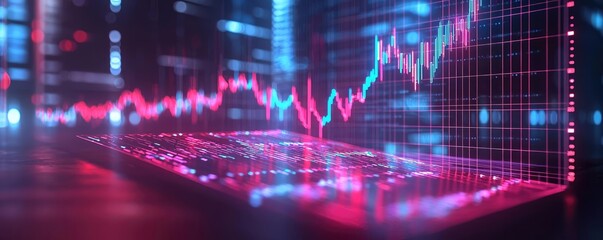 Fototapete - Open book with vertical digital lights chart in financial reveal concept. Colorful digital financial data visualization on a screen.