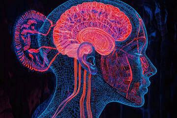 Poster - Wireframe rendering of a human head showcasing the brain and nervous system in vibrant red and blue.
