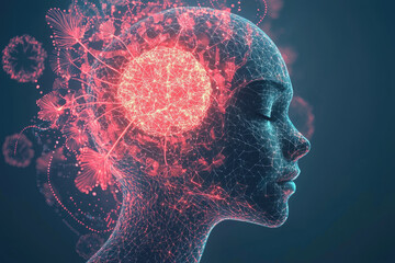 Aufkleber - Abstract digital art depicts a human head with a glowing brain, showcasing neural networks and interconnectedness.