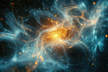 Poster - Abstract cosmic art depicting a swirling nebula with vibrant blue and gold hues, glittering with stardust.