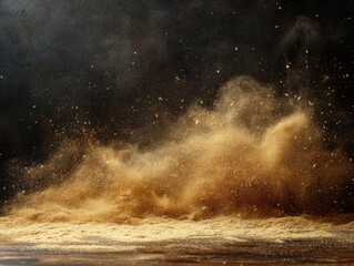 Poster - Dramatic explosion of golden powder creating dynamic cloud against dark background in studio shot