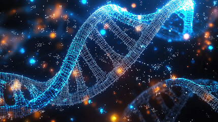 Poster - futuristic representation of DNA double helix, showcasing intricate details and glowing elements against dark background, evoking sense of advanced genetic engineering and innovation