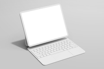 Fototapete - clay version of 13 inch tablet with blank white display and keyboard attached 3d render illustration