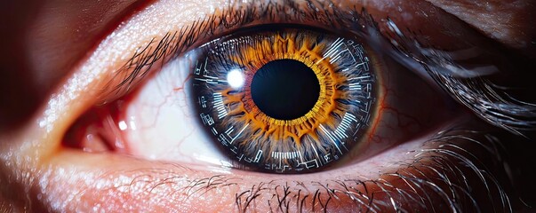 Poster - Close-up human eye connected to digital intelligence concept. Close-up of a human eye showcasing intricate details and colors.