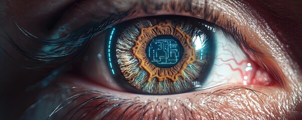 Poster - Close-up human eye connected to digital intelligence concept. Futuristic eye with digital technology and intricate designs.