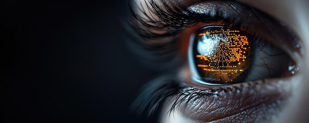 Poster - Close-up human eye powered by futuristic machine technology concept. A close-up of an eye reflecting vibrant, mesmerizing details.