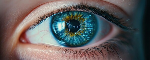 Poster - Close-up human eye connected to digital intelligence concept. Detailed close-up of a human eye showcasing vibrant colors.