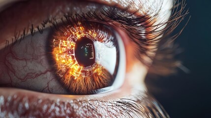 Poster - Close-up human eye connected to digital intelligence concept. Close-up of a human eye with fiery, glowing details.