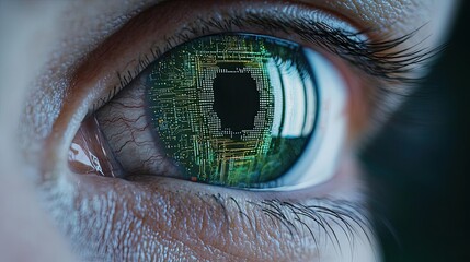 Poster - Close-up human eye connected to digital intelligence concept. Close-up of an eye with a digital, cybernetic design.