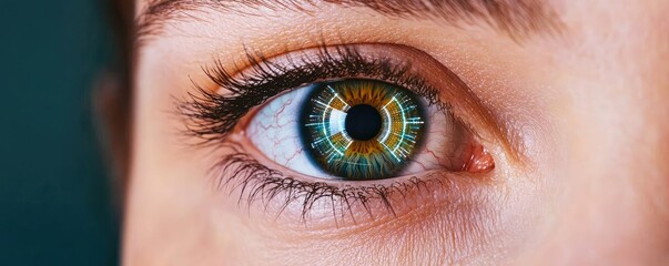 Poster - Close-up human eye connected to digital intelligence concept. Close-up of a vibrant eye showcasing intricate patterns.