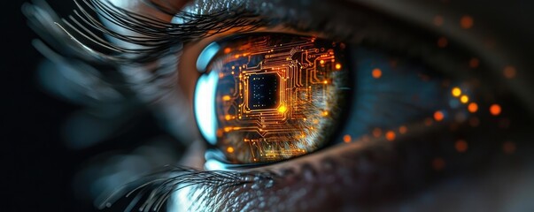 Poster - Close-up human eye connected to digital intelligence concept. Close-up of an eye reflecting a microchip and glowing elements.