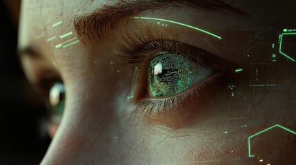 Poster - Close-up human eye powered by futuristic machine technology concept. Close-up of a human eye with futuristic digital interfaces.