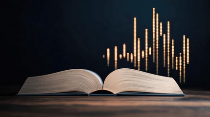 Aufkleber - Open book showing historical stock market with digital lights concept. An open book symbolizes knowledge with a sound wave graphic.
