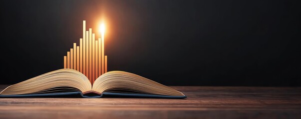 Aufkleber - Open book with vertical digital lights chart in financial reveal concept. An open book with glowing candles symbolizing knowledge and enlightenment.