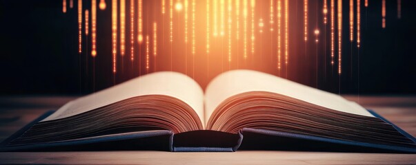 Aufkleber - Open book showing historical stock market with digital lights concept. Open book with glowing lines above, symbolizing knowledge and magic.