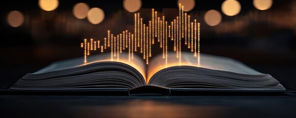 Aufkleber - Open book showing historical stock market with digital lights concept. An open book with lights and sound waves visualizing knowledge.