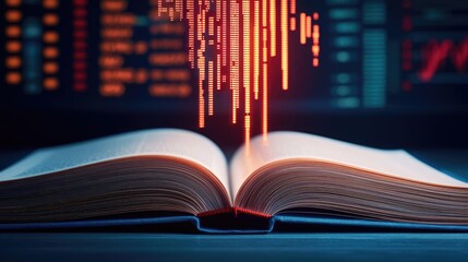 Aufkleber - Open book showing historical and contemporary stock market concept. An open book with digital data visualization emerging.