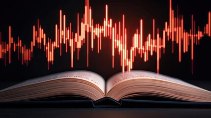 Poster - Open book showing historical stock market with digital lights concept. An open book with sound waves visually represented above it.