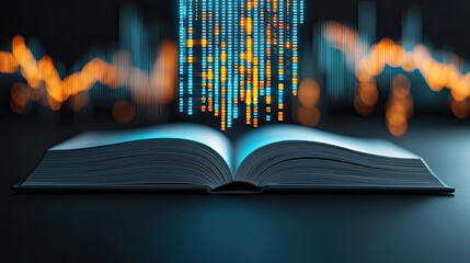 Aufkleber - Open book with vertical digital lights chart in financial reveal concept. Open book with digital data streams emerging above its pages.