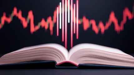 Aufkleber - Open book showing historical stock market with digital lights concept. An open book with sound wave graphics symbolizing knowledge.