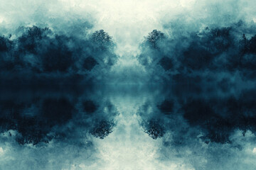 Aufkleber - Mystical reflection of a foggy forest on a still, dark lake, creating a surreal and dreamy atmosphere.