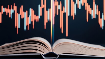 Aufkleber - Open book showing historical stock market with digital lights concept. Open book with financial graphs representing data analysis.