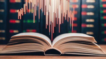 Aufkleber - Open book showing historical stock market with digital lights concept. An open book with audio waveforms representing knowledge transfer.