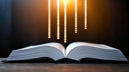 Aufkleber - Open book showing historical stock market with digital lights concept. Open book with illuminated text floating above it.